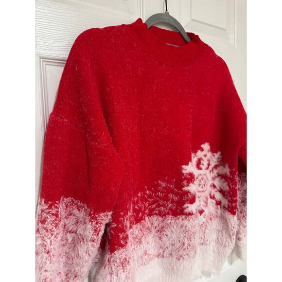 And The Why Pull Over Snowflake  Soft Sweater Red White M/L Oversized - Picture 2 of 6